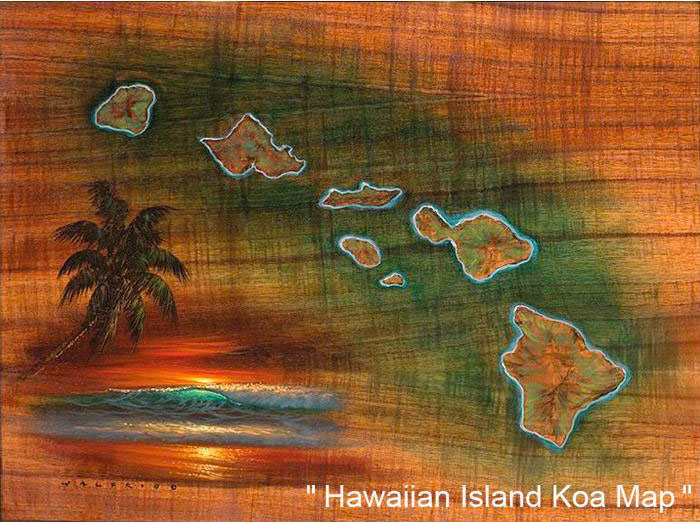Hawaiian Island Koa Map Art by Walfrido Garcia at Wyland Galleries of the Florida Keys